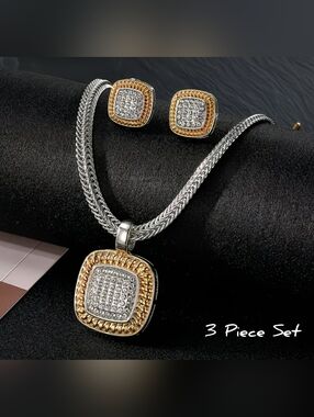 Chic two tone micro pave necklace & earrings set, bracelet seperate*